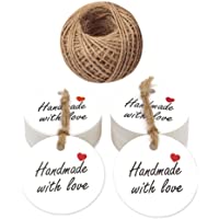 100pcs Etiquetas Kraft Redondas 5cm con ingles&quot-Handmade with Love&quot-- para Bricolaje- con 30M Cordel de Yute (blanco)